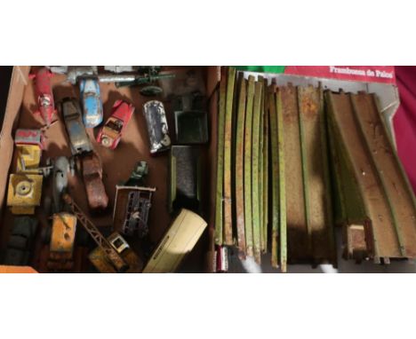 Collection of Corgi Dinky and other diecast and tin vehicles, and a qty of tin toy racetrack (2 boxes) 