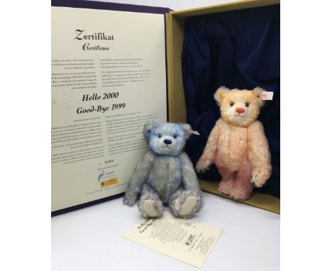 Steiff Hello 2000 Good-Bye 1999 pair of teddy bears in pink and blue mohair, Limited Edition no.2869, in display box with cer