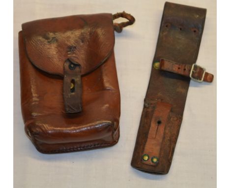 Vintage brown leather ammunition pouch possibly Swedish, vintage leather bayonet frog 