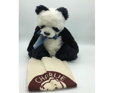 Charlie Bears Ltd panda teddy bear "Ming" with blue ribbon and bell, ltd. ed. 212/4000, H46cm and a Charlie Bears tote bag (2