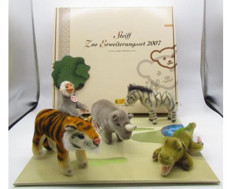 Steiff 2007 Zoo Addition Set including crocodile, tiger, rhinoceros, baboon and zebra, complete with pop up cardboard display