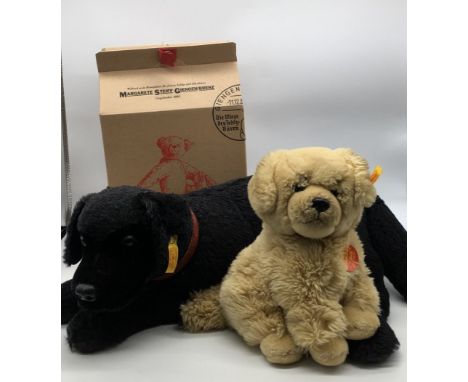 Steiff Hektor the Golden Retriever, in golden mohair/plush, boxed, H22cm and a Steiff black Labrador L50cm(2) 