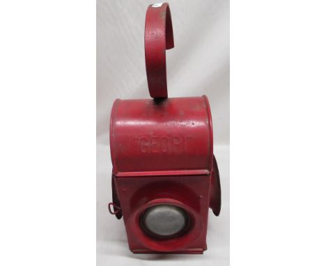 Unusual red road lamp with bulls eye lenses, stamped "GEOPI" 