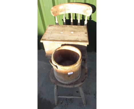 Victorian beech stick back kitchen chair on turned supports, Victorian stool on four turned supports, small wooden coopered b