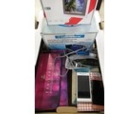 Toshiba Tekbright LCD panel digital photo frame, two mobile phones, Kindle, Zumba Fitness Exhilarate, Roberts clock radio and