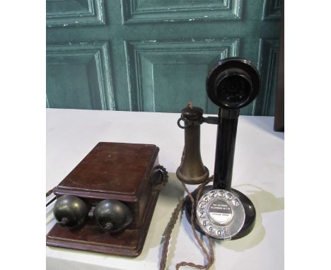 Early to mid C20th Bakelite candlestick telephone with bell receiver in wooden box, converted to modern landline 