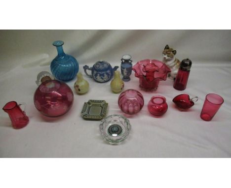 Collection of Cranberry glassware, porcelain cat, Waterford mantle clock, Irish porcelain green ashtray (qty) 