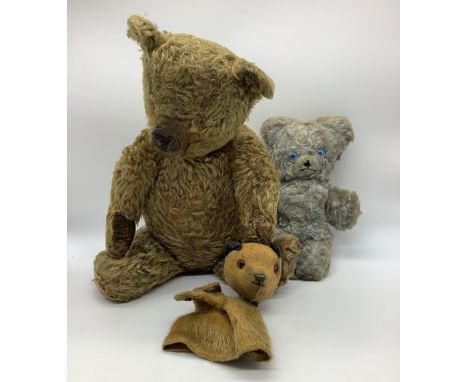 Early C20th teddy bear with jointed arms and legs, swivel head and musical press tummy, H43cm, a Chad Valley Sooty puppet, H2