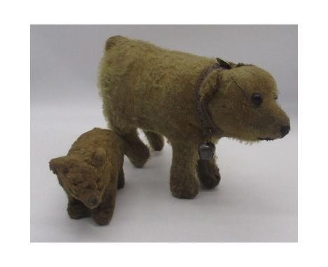 C.1920's French teddy bear on all fours with boot button eyes and bell on collar L19cm, and a smaller bear on all fours with 