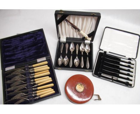 Cased set of six fish knives and forks, 1930s cased set of six tea knives with mother of pearl handles, cased set of James Lo