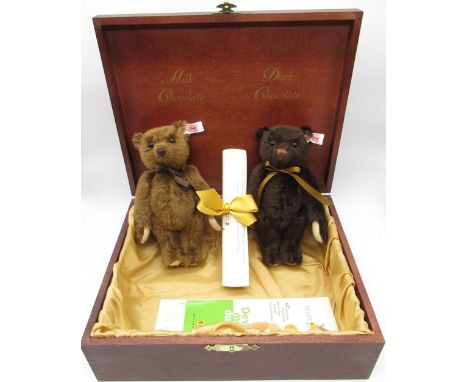 Steiff Ambao Chocolate Belgium Bear Set pair of brown mohair teddy bears in lined wooden box, limited edition no. 337/1500, w