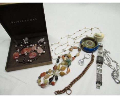 Selection of costume jewellery, incl. bangle, Berge watch, hardstone necklace, Oliver Bonas quartz/glass necklace. 