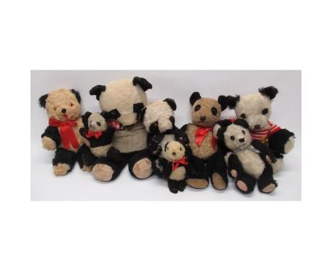 Collection of c.1940s-1960's British Panda teddy bears including 1940's artificial silk panda with glass eyes, jointed arms a