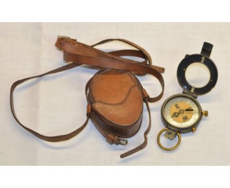 WWI military marching compass Verners Pattern, reverse marked H. Hughes &amp; Son Ltd 6738 1913, complete with leather case w