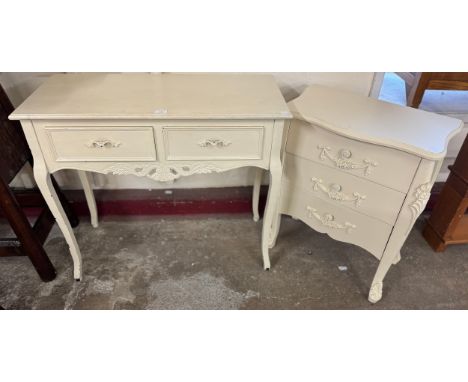 A French style painted chest of drawers and a similar two drawer console table 
