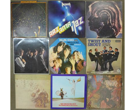 Nine LP records, Rolling Stones, Nazareth, Family, Bob Dylan, etc.