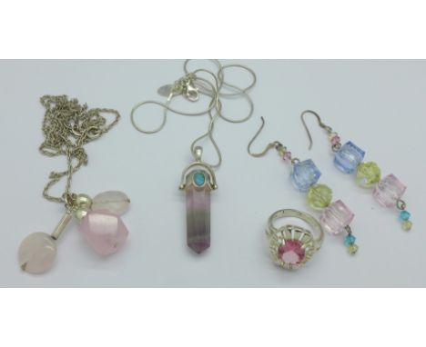 Two silver gem set pendants and chains, a silver ring and a pair of earrings