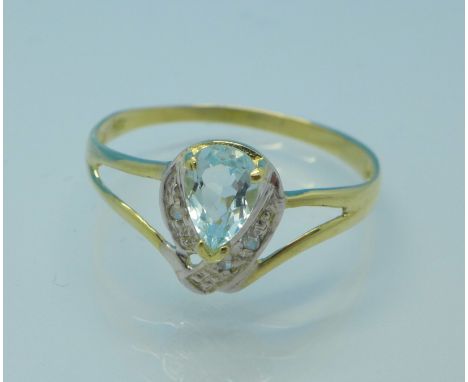 A 9ct gold, aquamarine and diamond ring, 1g, O