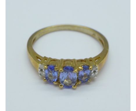 A 9ct gold, blue stone and diamond ring, 2.5g, S