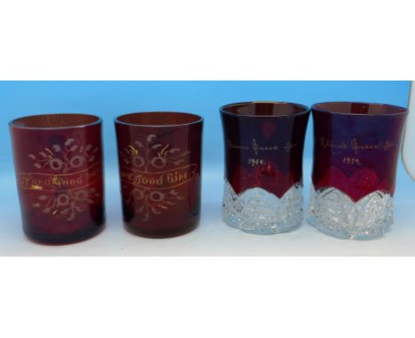 Two pairs of ruby glass mugs, one pair marked For a Good Girl and For a Good Boy