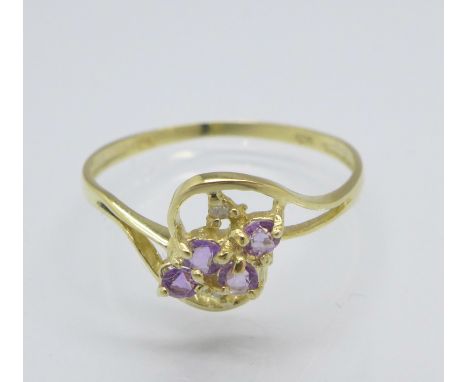 A 9ct gold, amethyst and diamond ring, 0.9g, O