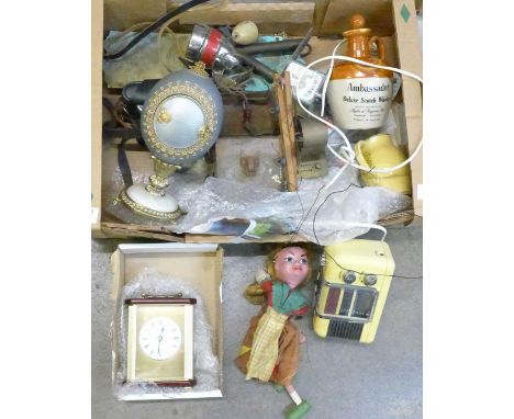 A Pelham puppet, radio, camera, two clocks, scales, etc.