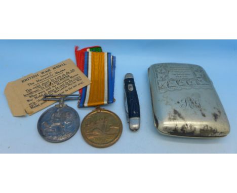 A British War medal and a Mercantile Marine medal issued to the Mercantile Marine William Robertson, a plated cigarette case 