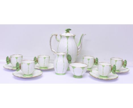 A rare Aynsley Green Harlequin Art Deco butterfly handle six setting coffee set, comprising coffee pot, six coffee cups and s