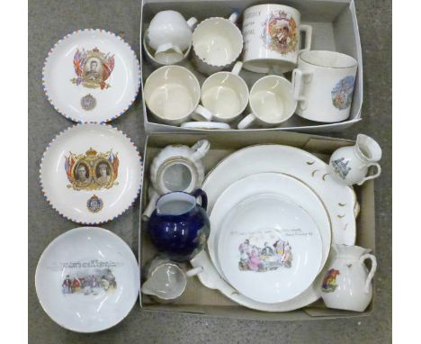 Charles Dickens transfer printed china, two sandwich plates, five side plates and two saucers, Church Gresley teapot and crea