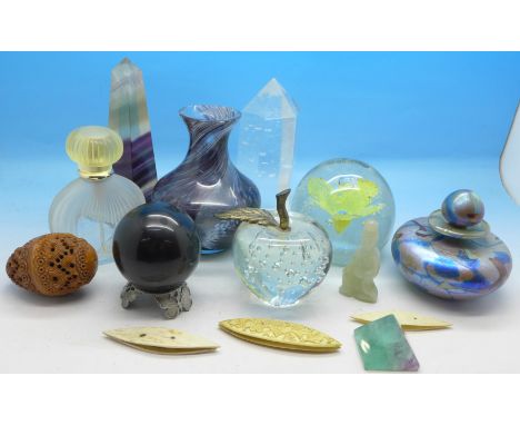 Three crystals, two paperweights, two perfume bottles, glass vase, mineral ball on stand, a jade figure, a carved fruitwood e