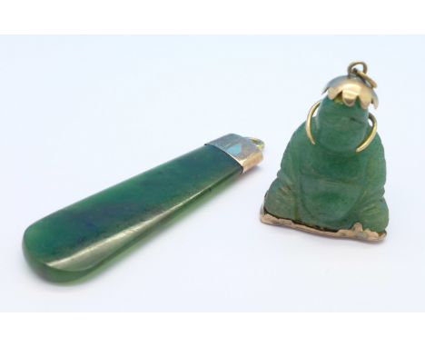A 9ct gold mounted nephrite jade pendant, Chester 1920 and a 14ct gold mounted Buddha pendant