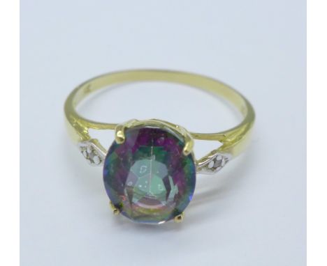 A 9ct gold, mystic topaz and diamond ring, 1.6g, O