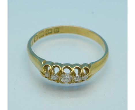 A Victorian 18ct gold and five stone diamond ring, Birmingham 1895, 2.3g, P