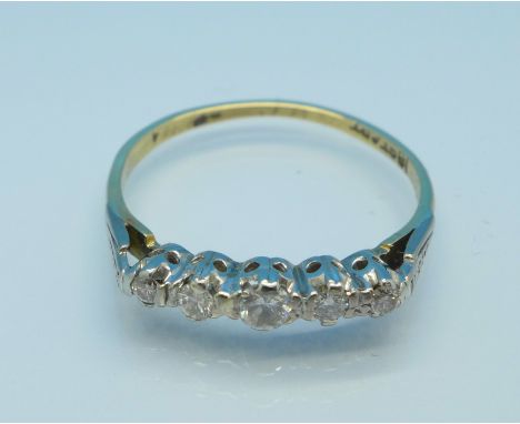 An 18ct gold and platinum five stone diamond ring, 1.8g, P