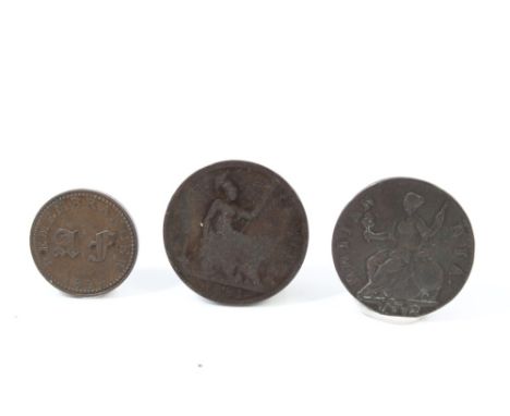 G.B. a copper Halfpenny coin - George II dated 1772 obverse rim engraved 'John Stapleton Born June 13th 1753' in centre two h
