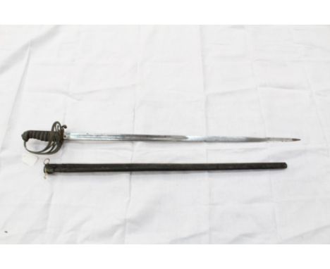 George V Rifle Brigade Officers' sword with Gothic hilt and crowned bugle badge, etched blade in black leather scabbard