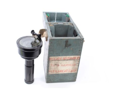 Second World War R.A.F. prism compass in original wooden case.  Type 06A.  No. 51107 H (Hughes?) - broad arrow stamps on both