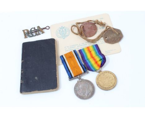 First World War pair - comprising War and Victory medals, named to 87465 GNR. A. R. Rose. R.A., together with dog tags and a 