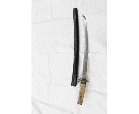 Antique Japanese wakizashi sword with curved blade, iron tsuba and cloth bound fish-skin grip in leather scabbard, the blade 