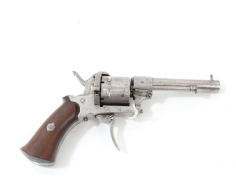 Late 19th century Belgian pin-fire revolver with five-shot cylinder, folding trigger and walnut grips, 18cm overall