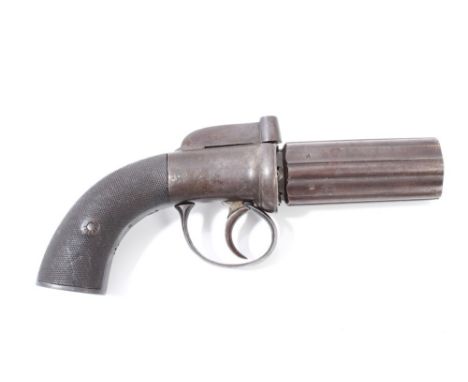 Mid-19th century percussion six-shot pepper-box revolver with scroll engraved frame - finely chequered walnut grips, the barr