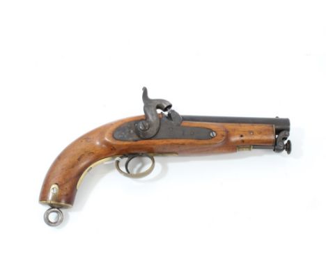 Victorian percussion 28 bore Coastguard pistol with crowned VR and 1855 marked Tower lock, blackened finish to barrel and mou
