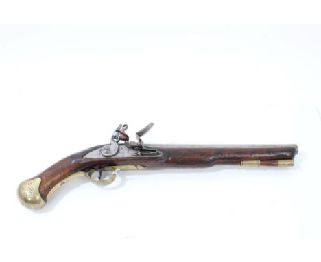 George III Long Sea Service flintlock pistol with crowned GR Tower lock, brass furniture - including skull cracker pommel, ma