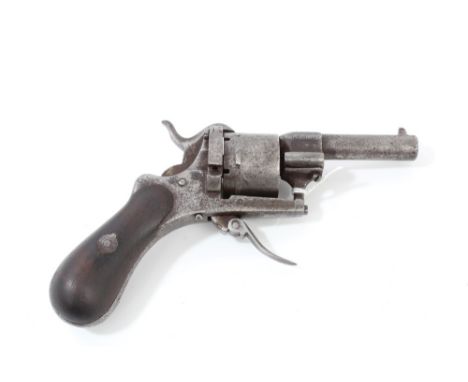 Late 19th century Belgian pin-fire revolver with five-shot cylinder, folding trigger and walnut bag grips, 16cm overall