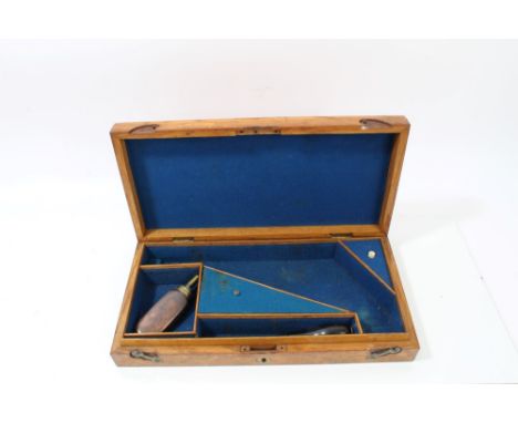 Mid-19th century English oak percussion revolver case - with blue velvet lining and fitted compartments with copper flask, sc