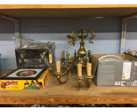 A shelf of assorted to include Prinz Magnon Duo projector, brass hanging light fitting etc.