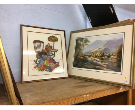 A shelf of framed prints and pictures, needlework etc.