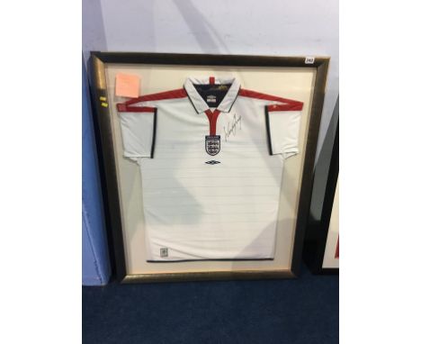 Autographed football, signed Wayne Rooney, framed England strip 2003, his first game