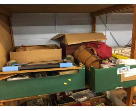 A shelf of assorted including watch parts and LPs etc.