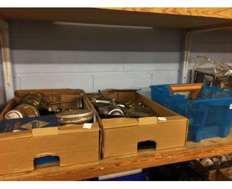 A shelf of assorted including brassware, antlers etc.
